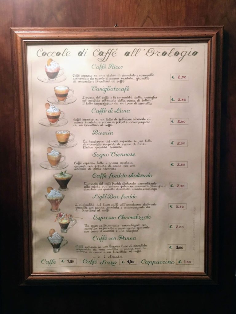 italian coffee beverages menu
